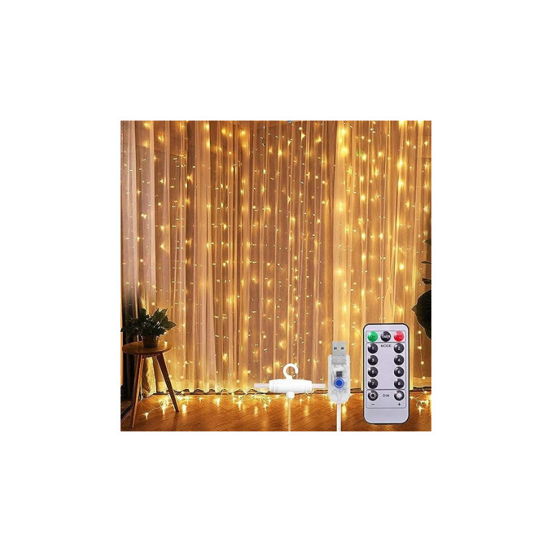 XERGY Window Curtain String Light 300 LED 8 Lighting Modes Fairy Lights Remote Control USB Powered Waterproof Lights for Home Decoration Diwali Valentines Bedroom Party Wedding Diwali (Warm White)