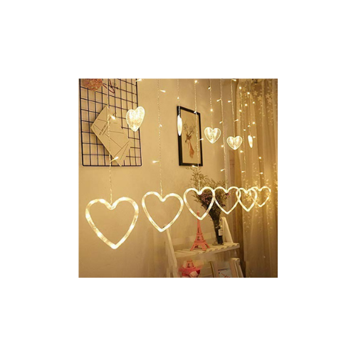 Desidiya 130 LED Heart Shape Curtain String Lights with 8 Flashing Modes Decoration (12 Hearts, Warm White), Prong Base,