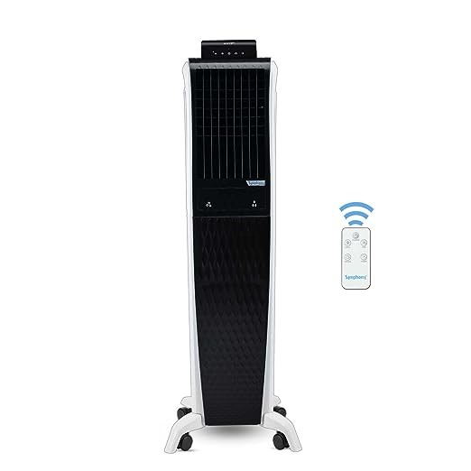 Symphony Diet 3D 55i+ Portable Tower Air Cooler For Home with 3-Side Honeycomb Pads, Magnetic Remote, i-Pure Technology and Automatic Pop-Up Touchscreen (55L, White & Black)