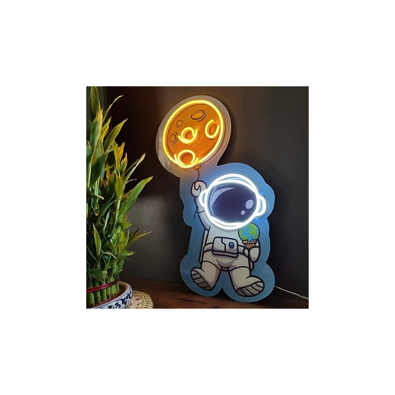 Astronaut on Moon Neon Sign (8x18 inches) for Room Decor, Birthday, Anniversary, Party Room, Home Wall Decor, neon Light/Sign for Restaurant, Bedroom, bar, Cafe and Club.