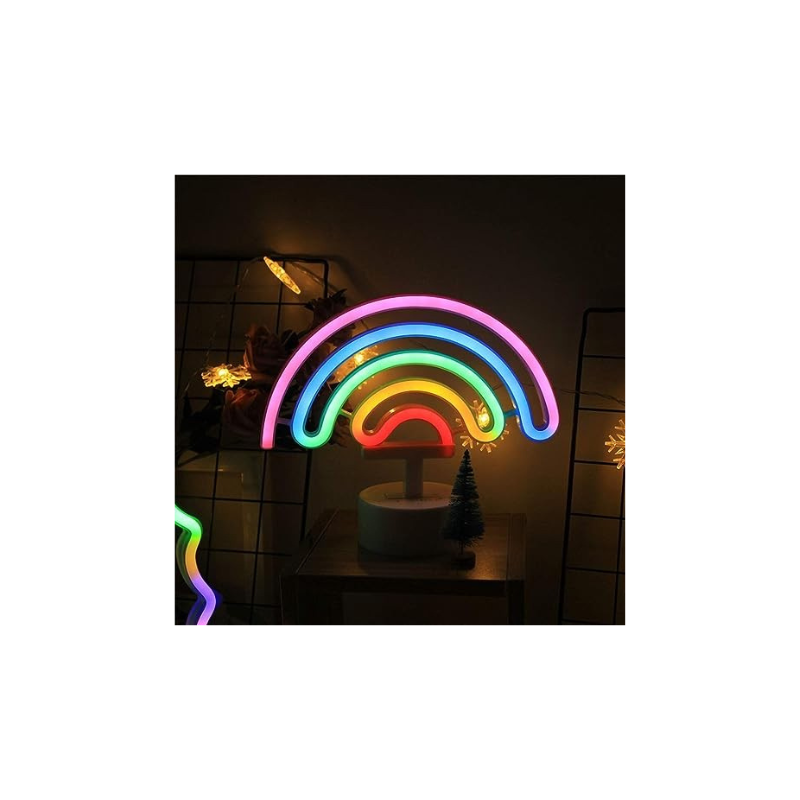 XERGY Rainbow Neon Signs with Lamp Base Decorative Rainbow Neon Lights Signs Table Night Light Battery Powered for Kids' Bedroom Home Decoration, Valentine Day, Christmas(Glass, Pack of 1)