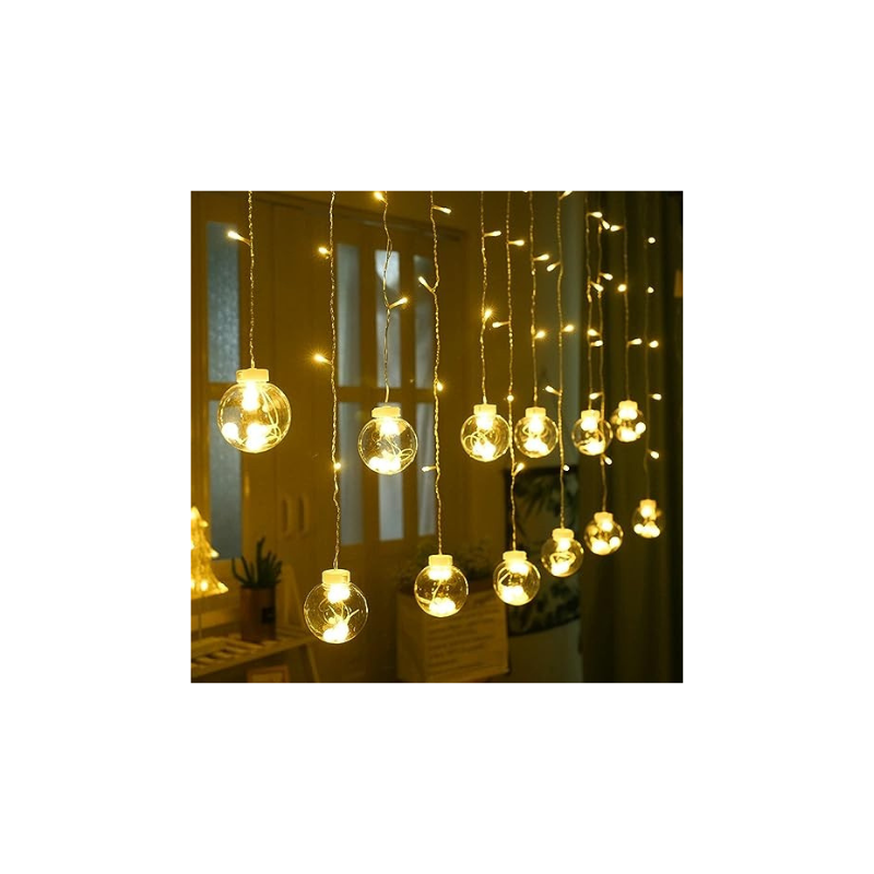 XERGY Plastic 12 Wishing Ball Led Curtain String Lights With 8 Flashing Modes Decoration (96 Led Warm White)