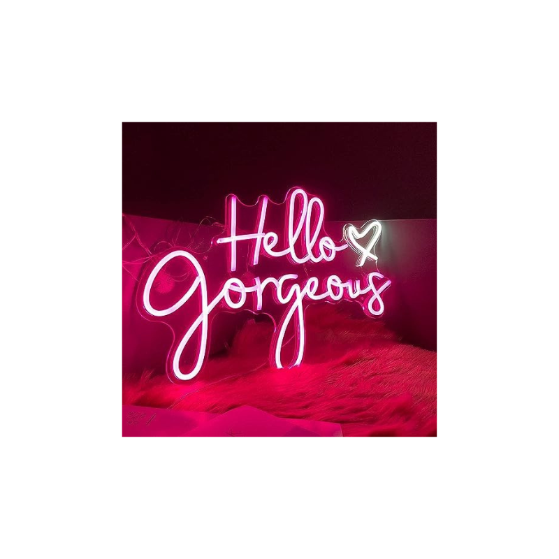 NEON SIGNS INDIA "Hello Gorgeous" Neon Signs for Wall Decor, Led Neon Sign for Birthday Bar Signs Wall Room Decorations White Neon Light 18 x 10 Inch With Brightness Controller (Pink)